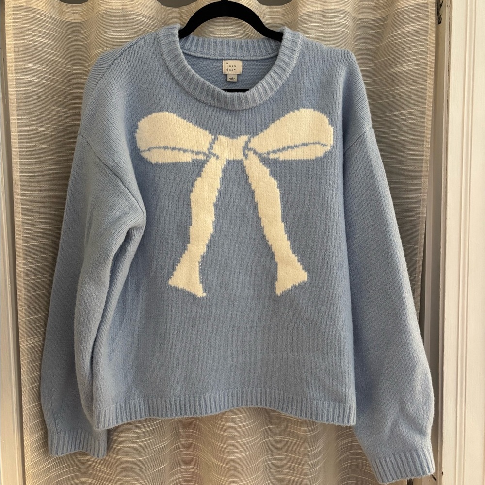 a new day Light Blue Sweater with White Bow